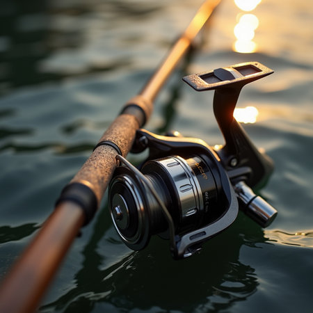 Fishing rod and reel on the background of the lake. Close-upの素材