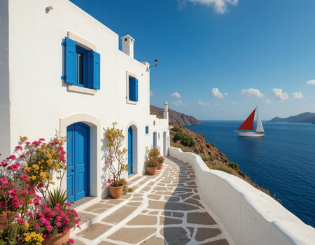 White architecture on Santorini island, Greece. Beautiful summer landscapeの素材