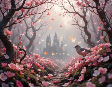 Fantasy landscape with pink sakura and bird in the fog.の素材