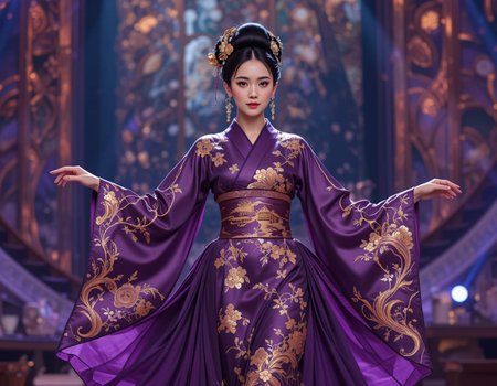 Chinese woman in traditional costume on the stage at Jinsha theater.Sep 28,2010 in Chengdu, China.の素材