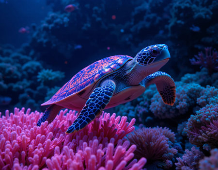 Green sea turtle on a coral reef in the sea, underwater photoの素材