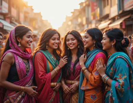 Group of Indian women wearing sari and hindu clothes smiling and looking at camera.の素材