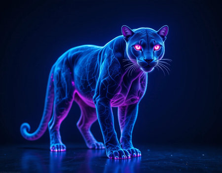 3d rendering of a big cat in neon light on a dark backgroundの素材
