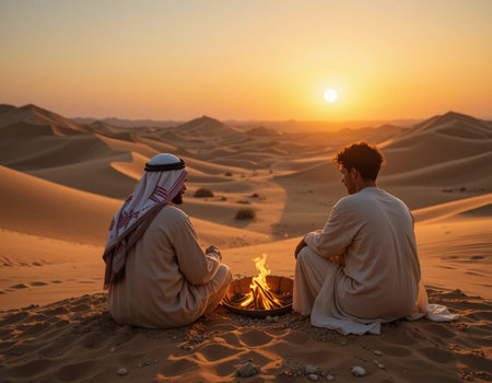 Two Arab men sitting at a campfire in the desert of Dubaiの素材