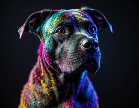 Portrait of a mixed breed dog with multicolored fur. Studio shot.の素材