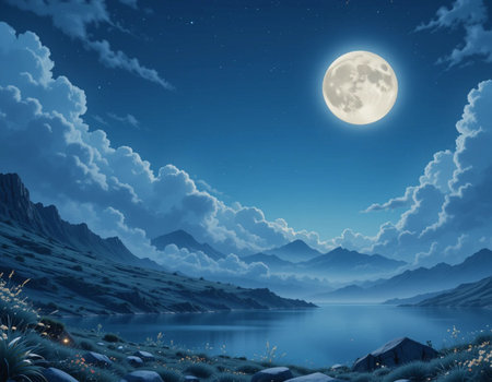 Fantasy landscape with lake and mountains at night in full moon lightの素材