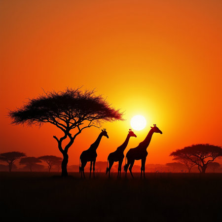 Silhouette of giraffes and acacia trees at sunsetの素材