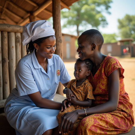 young beautiful black African American mother and son in traditional clothes on the farmの素材