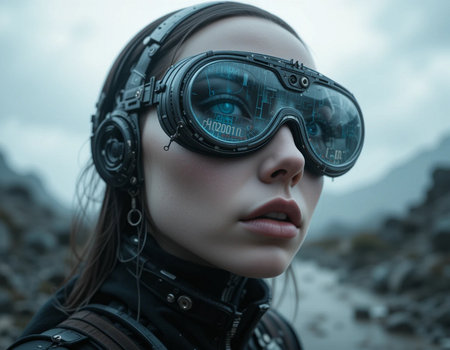 Close-up portrait of a beautiful steampunk girl with helmet and gogglesの素材