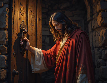 Jesus Christ in red robe and crown of thorns in front of the doorの素材