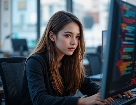 portrait of young Asian businesswoman working with computer in officeの素材