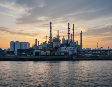 Oil refinery plant at sunset in Rotterdam, South Holland, Netherlandsの素材