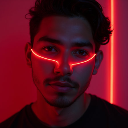 Close up portrait of a young man with neon lights on his face.の素材