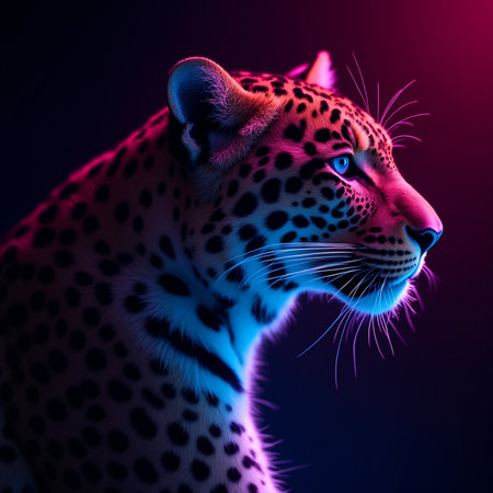 Portrait of a leopard in neon light on a dark background.の素材