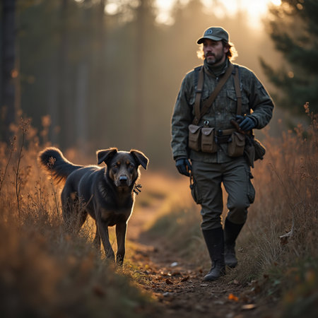 Handsome hunter with a dog in the autumn forest at sunsetの素材