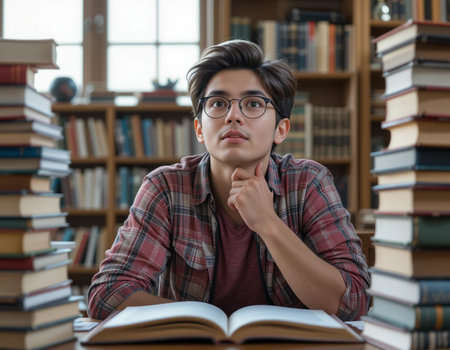 Portrait of a handsome young man in glasses sitting at a table in a library and reading a bookの素材