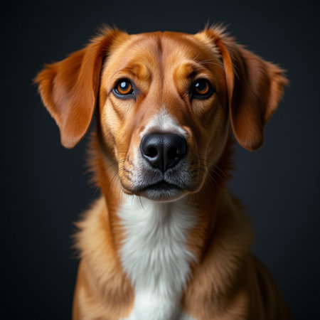 Close-up portrait of a purebred dog on a black backgroundの素材