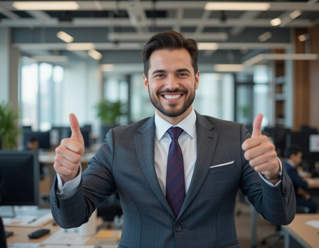 Portrait of a smiling businessman showing thumbs up in office. Successful business conceptの素材
