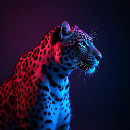 Leopard portrait on dark background in neon light. 3D renderingの素材