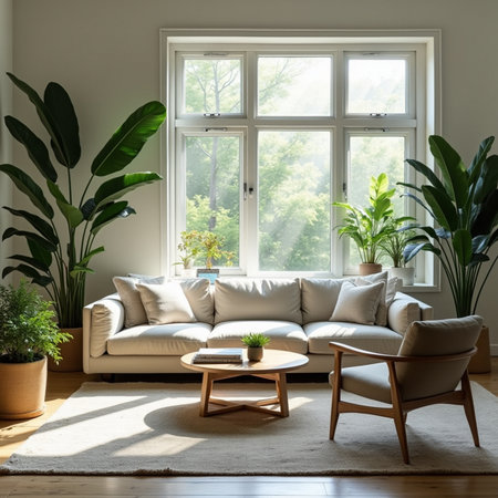 Living room interior design with white leather sofa, coffee table and plantsの素材