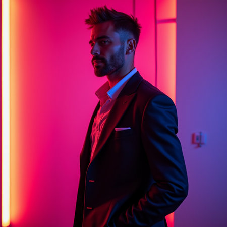 Handsome young man in a suit posing in the studio with neon lights.の素材