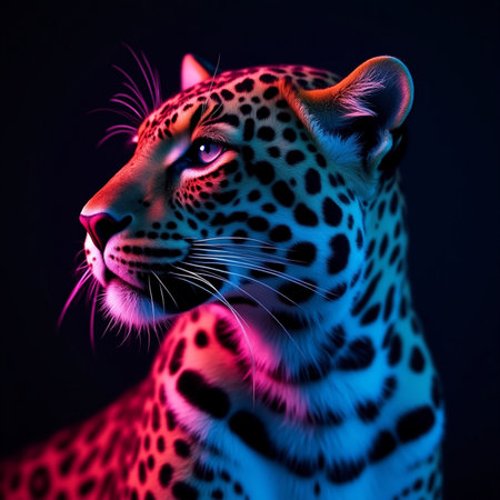 Leopard portrait on a black background in neon light. Animal portrait.の素材