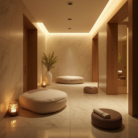 3D rendering of a modern bathroom with a stone floor and a round bedの素材