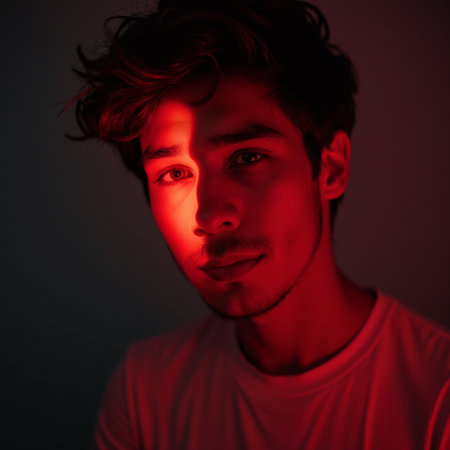 Portrait of a young man in red light on a dark backgroundの素材