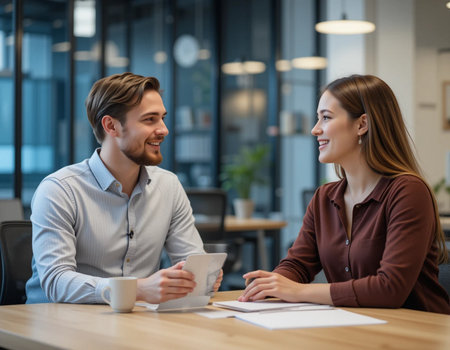 Smiling young businesspeople sitting at table in office and drinking coffeeの素材