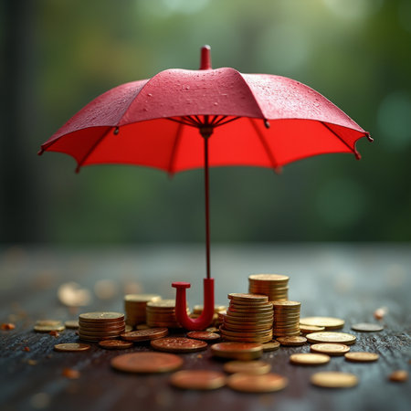 Red umbrella and coins on wooden table with bokeh background.の素材