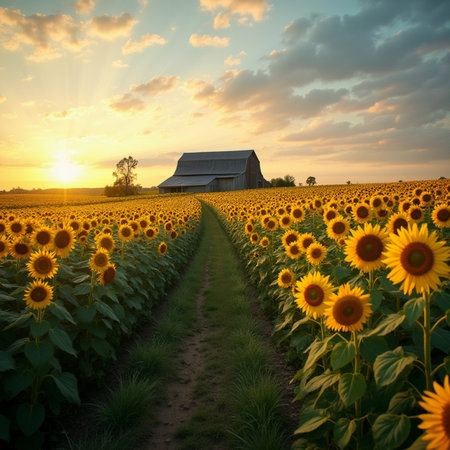Sunflowers field and barn at sunset. Beautiful summer landscape.の素材