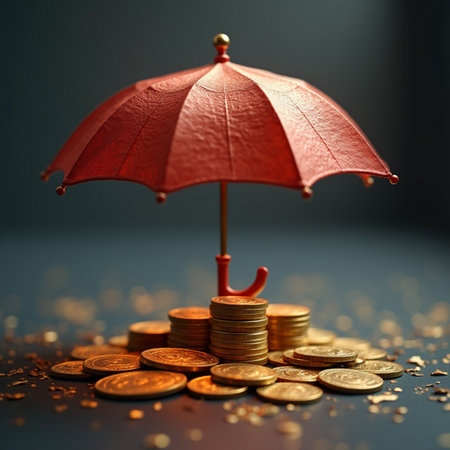 Financial concept. Red umbrella with coins on dark background. Shallow DOFの素材