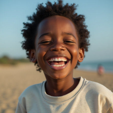 Portrait of smiling African American little boy on the beachの素材