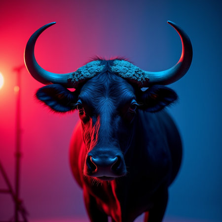 Portrait of a black bull with horns on a blue background.の素材