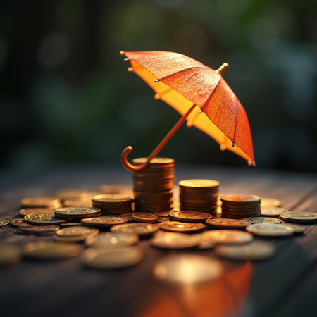 Stacks of coins and umbrella on wooden table with bokeh backgroundの素材