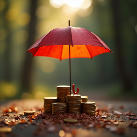 Investment concept, Coins stack with red umbrella for save money.の素材