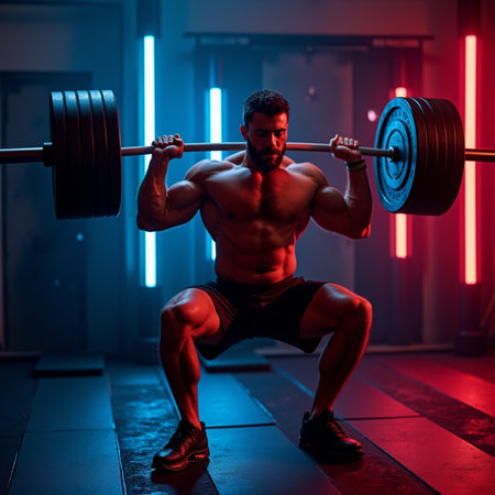 Muscular man doing deadlift exercise with barbell in gym.の素材