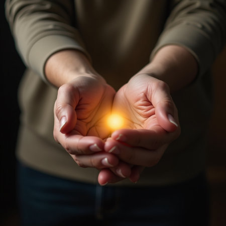 Woman hands holding a light bulb in a dark room, close upの素材