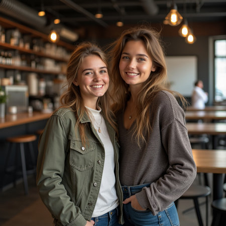 Portrait of two young women standing together in a cafe and smilingの素材