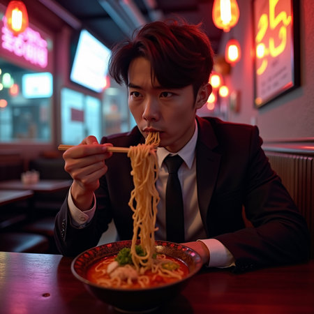Businessman eating noodle with chopsticks in a night club.の素材