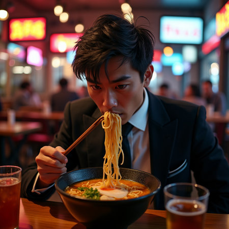 Businessman eating japanese noodle in a japanese restaurantの素材