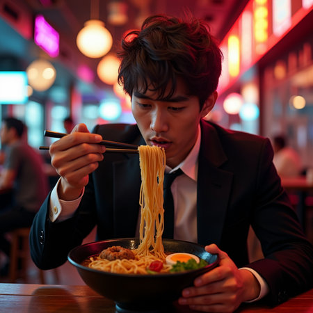 Handsome Asian man eating noodle with chopsticks in restaurantの素材