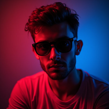 Portrait of a handsome young man in sunglasses on a colored background.の素材