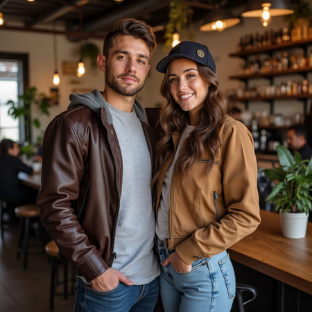 Portrait of smiling young couple standing with arms crossed in coffee shopの素材