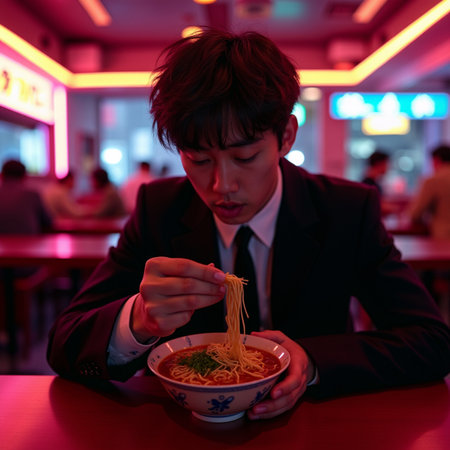 Businessman eating noodle in a fast food restaurant at night.の素材