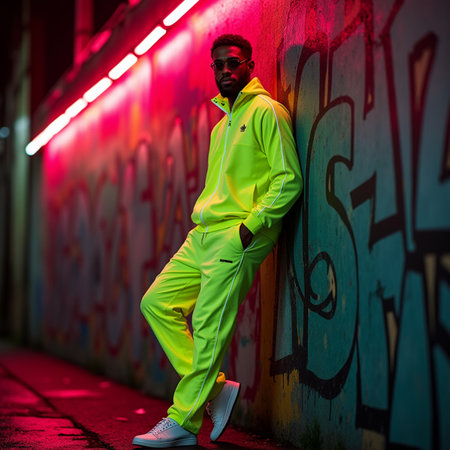 Stylish african american man in sportswear against graffiti wall.の素材
