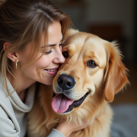 Beautiful young woman with her golden retriever dog at home.の素材