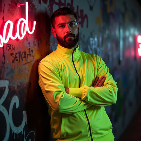 Portrait of a young man in a yellow hoodie standing with his arms crossed against a graffiti wall.の素材