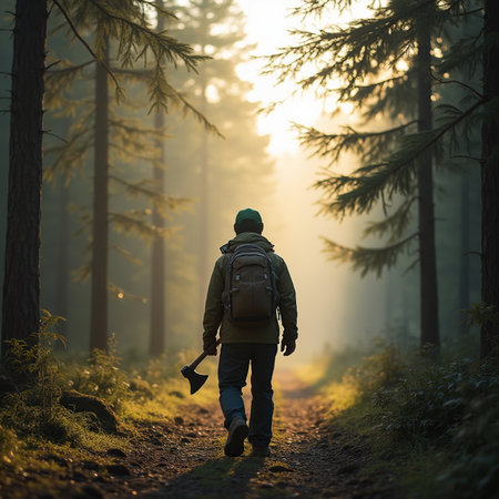 A man with a backpack and ax in the forest at sunset.の素材
