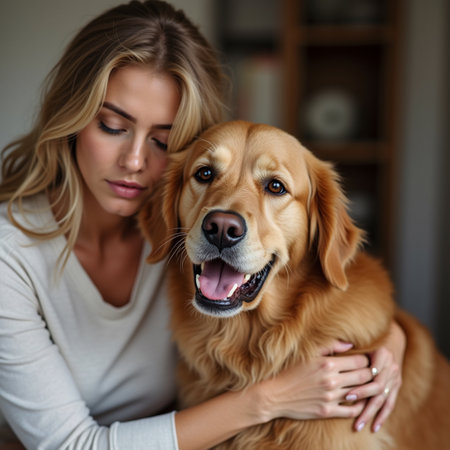 Portrait of beautiful young woman with her golden retriever dog at homeの素材